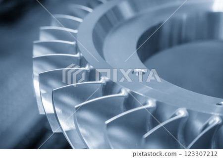 Close up scene the air craft jet engine parts in the light blue scene. Close up scene the air craft jet engine parts in the light blue scene. 123307212