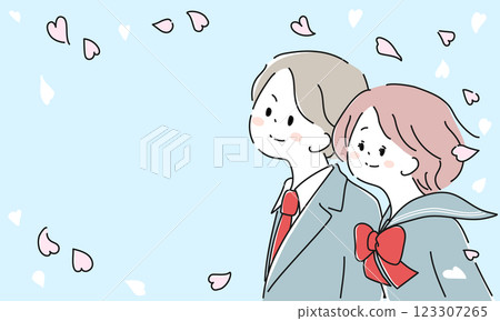 櫻花雪中身穿校服的男孩和女孩的插圖框架（天藍色） 123307265