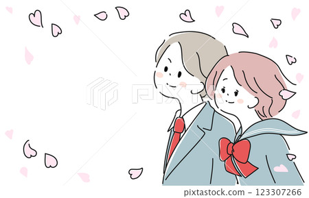 櫻花雪中身穿校服的男孩和女孩的插圖框架 123307266