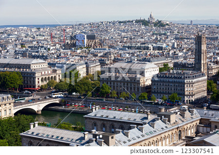 Aerial view of Paris with the Tour Saint Jacques dwarfing the surrounding buildings Aerial view of Paris with the Tour Saint Jacques dwarfing the surrounding buildings 123307541