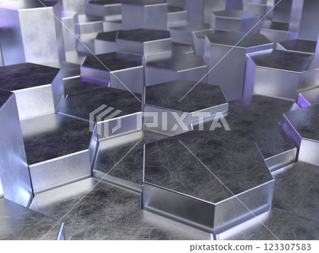 由六角棱柱組成的幾何空間的 3D 插圖 由六角棱柱組成的幾何空間的 3D 插圖 123307583