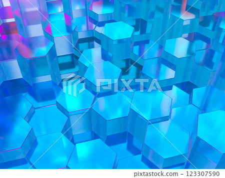 由晶體六角柱組成的幾何空間的 3D 插圖 123307590