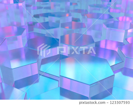 3D illustration of a geometric space made up of crystal hexagonal columns 123307593