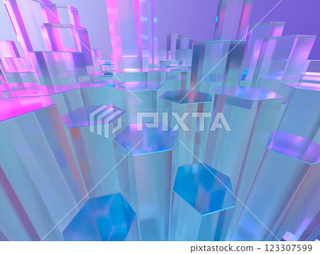 3D illustration of a geometric space made up of crystal hexagonal columns 3D illustration of a geometric space made up of crystal hexagonal columns 123307599