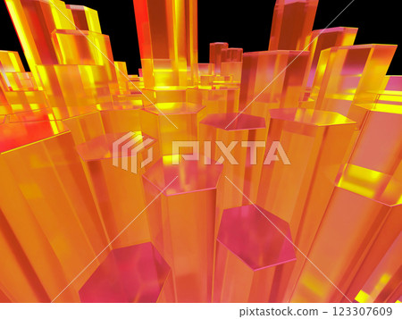 3D illustration of a geometric space made up of crystal hexagonal columns 123307609