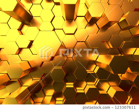 3D illustration of a geometric space made up of hexagonal prisms 123307611