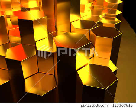 3D illustration of a geometric space made up of hexagonal prisms 123307616