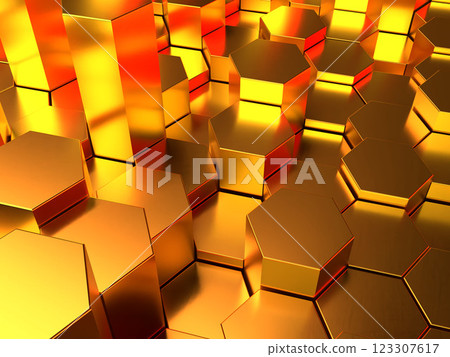 3D illustration of a geometric space made up of hexagonal prisms 3D illustration of a geometric space made up of hexagonal prisms 123307617