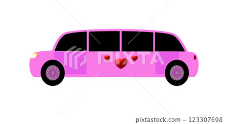 a flat illustration of a pink stretch limousine against a white background 123307698