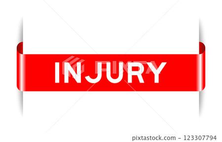 Red color inserted label banner with word injury on white background 123307794