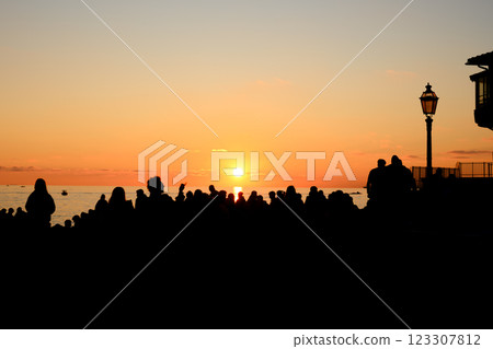 Rear view of a crowd of people silhouettes Rear view of a crowd of people silhouettes 123307812