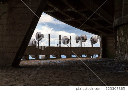 Bunch of transmitters and aerials on telecommunication tower 123307865