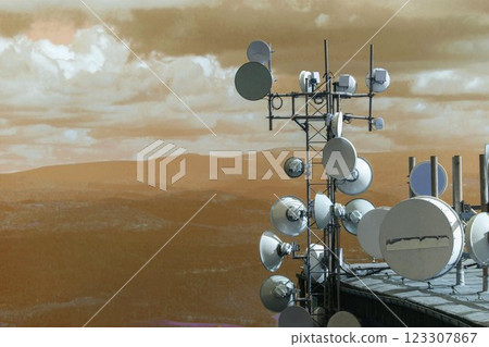 Bunch of transmitters and aerials on telecommunication tower 123307867