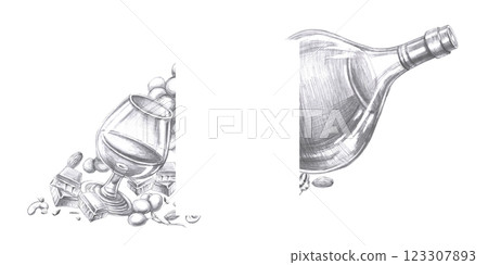 Rectangular frame with a bottle of cognac and a glass. Isolated pencil illustration on the theme of alcohol for the design of a bar menu, restaurant interior 123307893