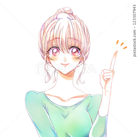 一位綁著髮髻的女士用食指指著 123307943