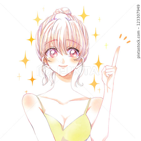 A woman with a beauty image pointing her index finger, sparkling A woman with a beauty image pointing her index finger, sparkling 123307949