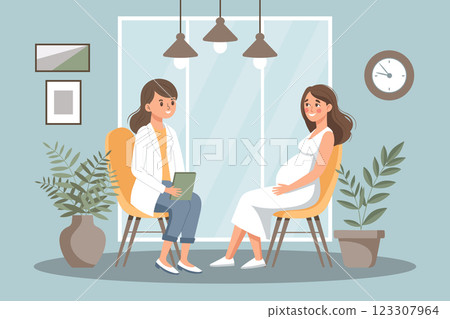 Prenatal doctor consultation. Pregnant woman with doctor. Monitoring pregnancy and healthy. Flat style illustration. 123307964