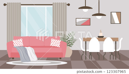 Living room interior with pink sofa, table and chairs, home plants, window and picture frames. Modern design, illustration. 123307965