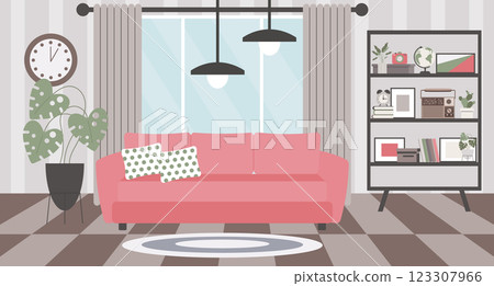 Living room interior with pink sofa, bookshelf, home plants, window and picture frames. Modern design, illustration 123307966