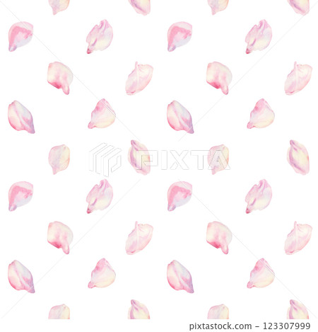 Petals of a blooming spring tree in flight. Seamless pattern of cherry, apple, almond petals on a white background. Watercolor template for Hanami, spring, textile, print, wallpaper, wrapping 123307999