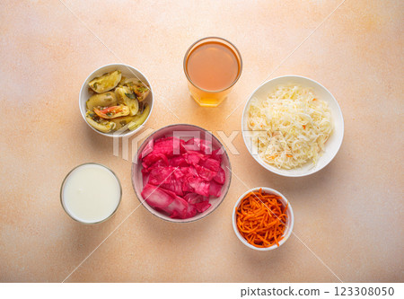 Fermented food promoting gut health with natural probiotics and beverages top view Fermented food promoting gut health with natural probiotics and beverages top view 123308050