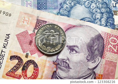 Croatian Kuna banknotes and coin 123308216