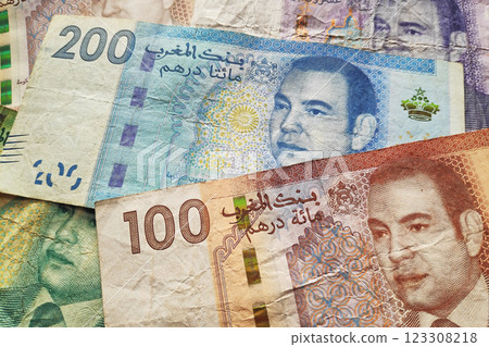 Stack of Moroccan dirham banknotes 123308218