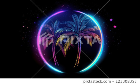 Colorful palm trees in neon circle 123308355