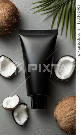 Black tube amid fresh coconut slices 123308402