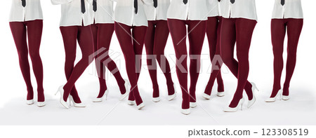 Collage of women legs with burgundy tights and white high heel shoes 123308519