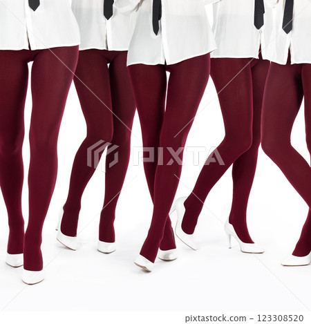 Collage of women legs with burgundy tights and white high heel shoes 123308520