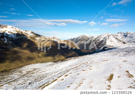 Aerial view of the snow-capped mountains in the Pyrenees 123308526