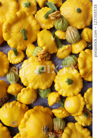 Yellow  pattypan scallop squash vegetable on white marble table background. Top view, flat lay. Autumn, fall harvest 123308538