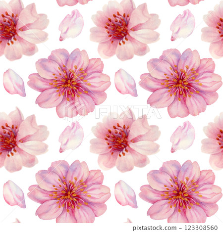 Flowers of a blooming spring tree in flight. Seamless pattern of cherry, apple, almond petals on a white background. Watercolor template for Hanami, spring, textile, print, wallpaper, wrapping Flowers of a blooming spring tree in flight. Seamless pattern of cherry, apple, almond petals on a white background. Watercolor template for Hanami, spring, textile, print, wallpaper, wrapping 123308560