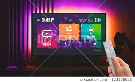 Man watching TV, remote control in hand 123308638