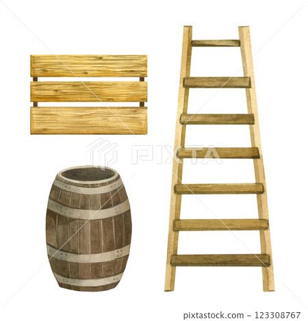 Wooden ladder, stepladder, wooden barrel and storage box for harvest. Harvesting, all objects are hand-painted with watercolor. Suitable for printing on fabric, paper, design. 123308767