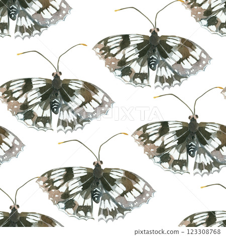 Seamless watercolor pattern. Insects, butterflies black and white hand-drawn with watercolor and isolated on a white background. Suitable for printing on fabric, paper, stationery and scrapbooking. Seamless watercolor pattern. Insects, butterflies black and white hand-drawn with watercolor and isolated on a white background. Suitable for printing on fabric, paper, stationery and scrapbooking. 123308768