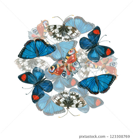 Round composition of butterflies of different colors, Peacock eye, Morpho, bright blue, black and white butterflies. All objects are hand-drawn with watercolors. Suitable for printing, design. Round composition of butterflies of different colors, Peacock eye, Morpho, bright blue, black and white butterflies. All objects are hand-drawn with watercolors. Suitable for printing, design. 123308769