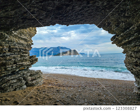 cave in Budva on Morgen beach, Montenegro. cave in Budva on Morgen beach, Montenegro. 123308827