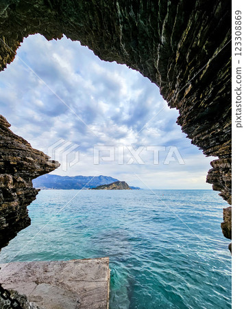 cave in Budva on Morgen beach, Montenegro. 123308869