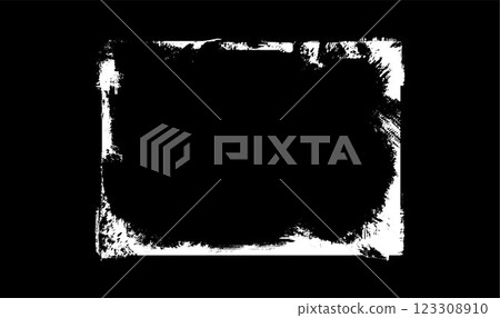 Grunge messy white frame on black background, vector abstract paintbrush strokes rectangle border scratch textured lines 123308910