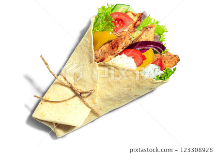 Greek chicken gyros wrap with vegetables Greek chicken gyros wrap with vegetables 123308928