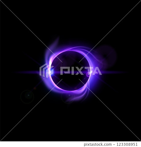 Solar eclipse with burning effect, vector blue glowing total planet eclipse with fire flame vortex in dark universe Solar eclipse with burning effect, vector blue glowing total planet eclipse with fire flame vortex in dark universe 123308951