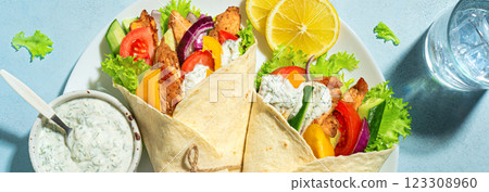 Greek chicken souvlaki or gyro wrap Greek chicken souvlaki or gyro wrap 123308960