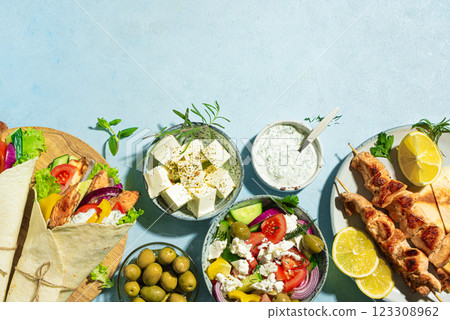 Greek food assortment. Mediterranean healthy diet. Greek food assortment. Mediterranean healthy diet. 123308962