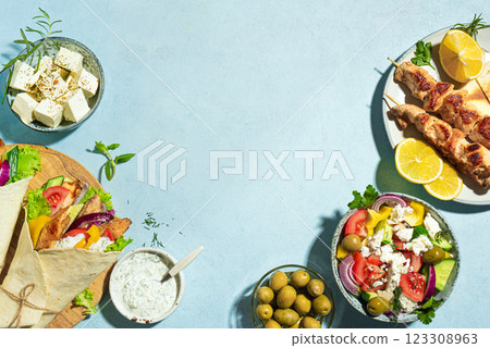 Greek food assortment. Mediterranean healthy diet. 123308963