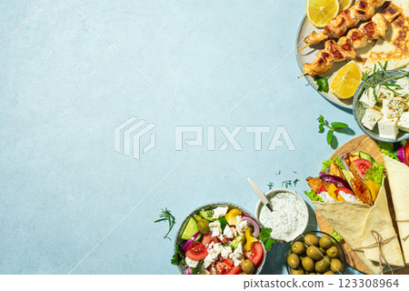 Greek food assortment. Mediterranean healthy meal. 123308964