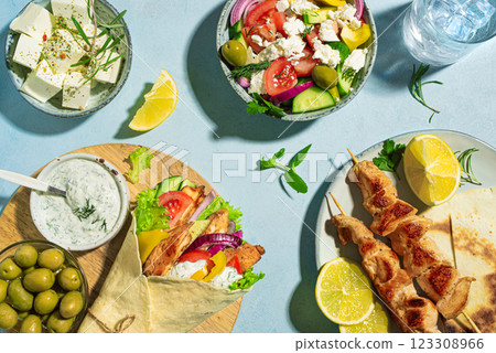 Greek food assortment. Mediterranean healthy meal. Greek food assortment. Mediterranean healthy meal. 123308966