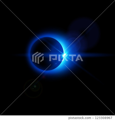 Illustration of a total lunar or solar eclipse with neon blue glowing ring and bright rays. Illustration of a total lunar or solar eclipse with neon blue glowing ring and bright rays. 123308967