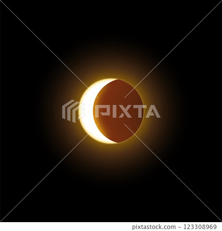 Lunar or solar eclipse phase illustration, with glowing ring on black isolated background. 123308969